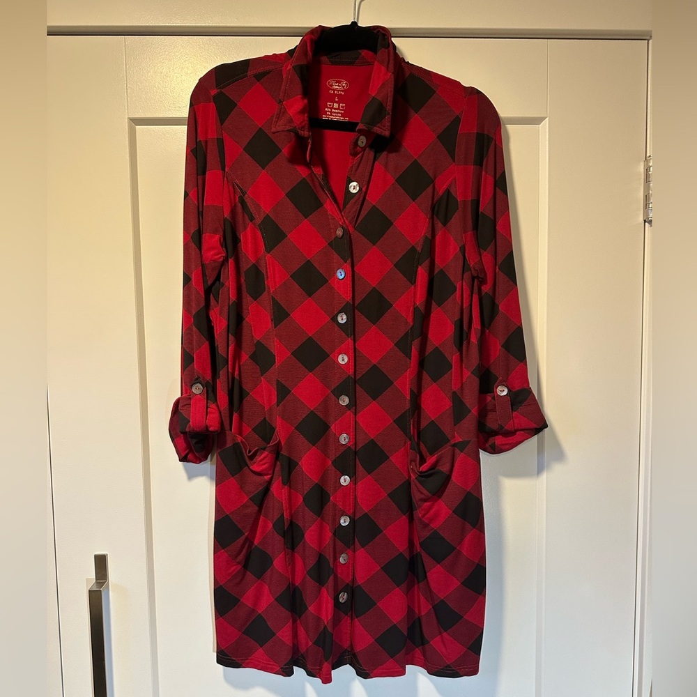 Red and Black Plaid Button-Up Tunic